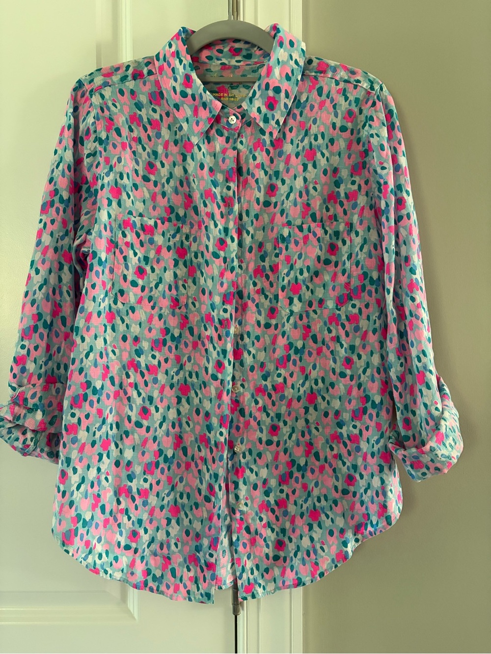 NWOT LILLY PULITZER Pink & Teal Multicolor Linen Button-Down Shirt - Small